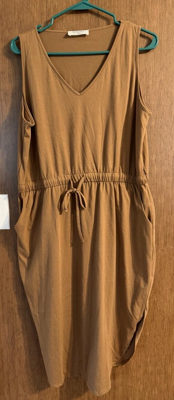 Zenana XL Brown Casual sleeveless drawstring waist tshirt dress vneck fall base